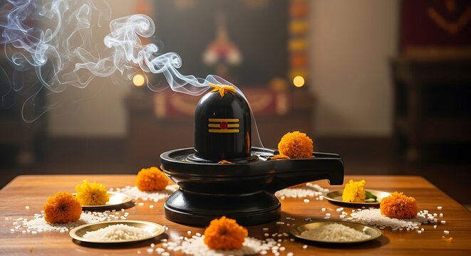 Shiva Lingam with smoking incense and marigold flowers for puja ritual