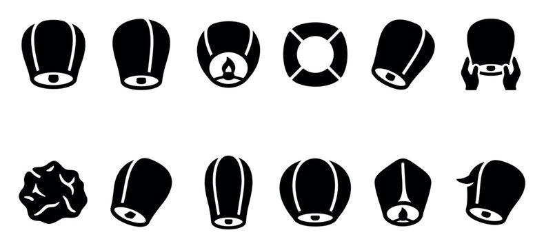 Collection of black silhouette sky lanterns in various shapes and orientations, isolated on a clean white background