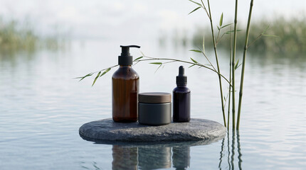 Obraz premium Cosmetic bottles sit on a grey stone surrounded by calm water and green bamboo stalks to showcase natural skincare product.