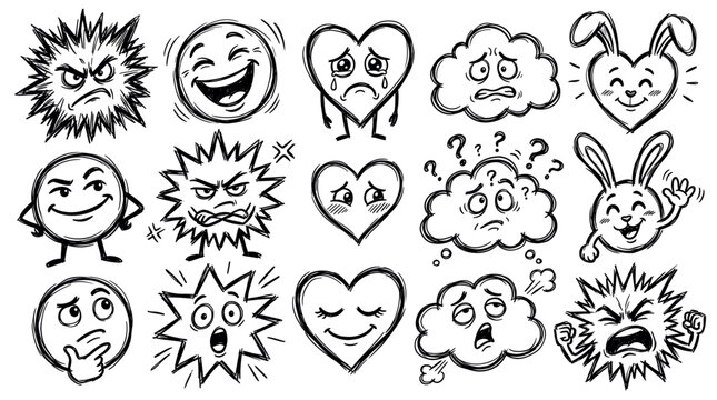 Diverse hand-drawn black and white cartoon emoji expressions and characters, including angry, happy, sad, confused, and shy faces on a clean white background