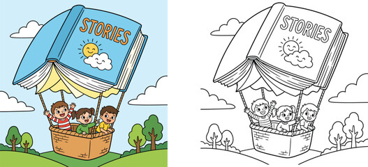 Kids flying in a hot air balloon shaped like a storybook, with colored and black and white outline version for children coloring book