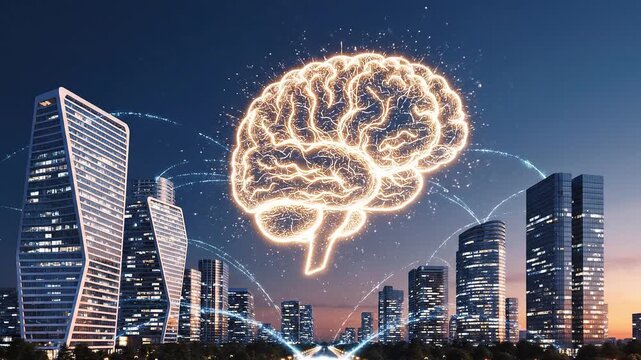 Glowing AI brain connected to futuristic smart city network