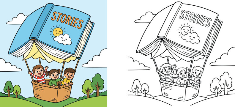 Kids flying in a hot air balloon shaped like a storybook, with colored and black and white outline version for children coloring book