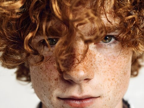 Young man with curly red hair and freckles looking directly at the camera