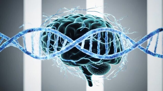 Glowing AI brain intertwined with DNA helix for biotechnology research