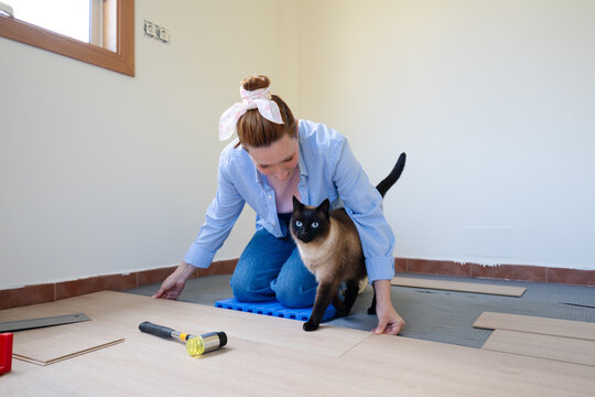Woman installing laminate flooring indoors with her pet cat