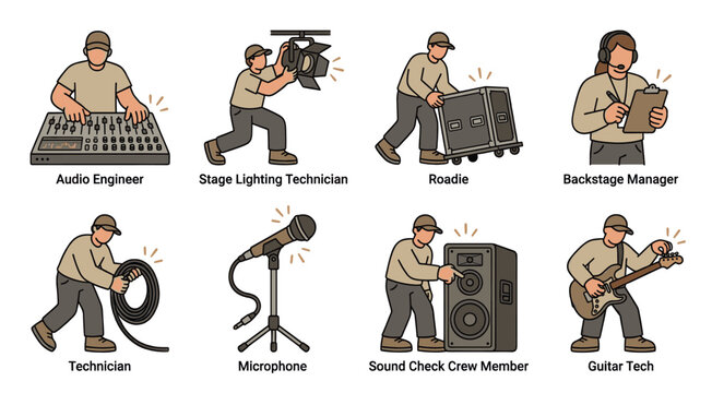 Various cartoon illustrations depict different music production and stage crew members performing their jobs on a clean white background