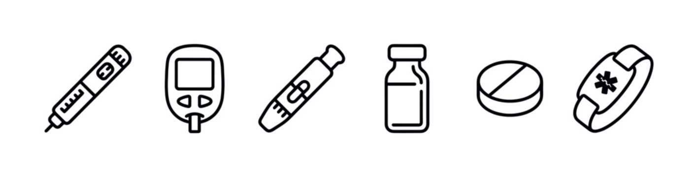 Collection of black outline medical icons including an insulin pen, glucose meter, lancet, vial, pill, and medical alert bracelet on a white background