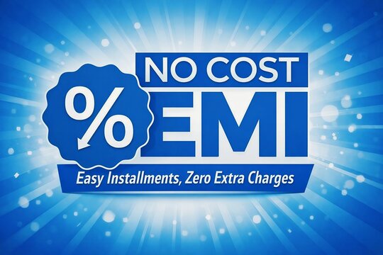A promotional advertisement for no cost EMI with easy installments and zero extra charges