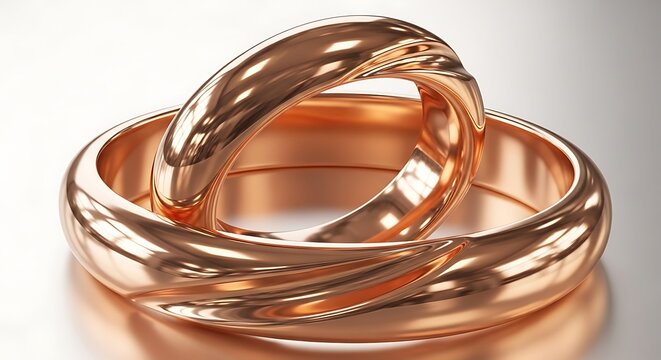 Two interlocking rose gold wedding bands isolated on a white background