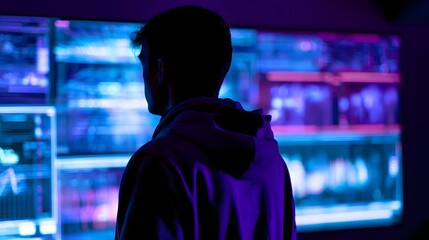 Obraz premium A person viewed from behind stands before a glowing futuristic interface emphasizing a modern and digital environment