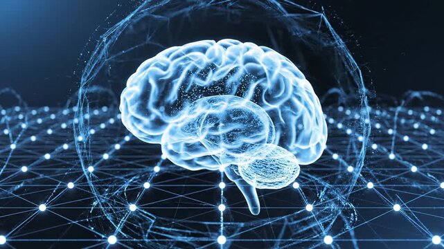 Glowing digital brain protected within secure artificial intelligence network