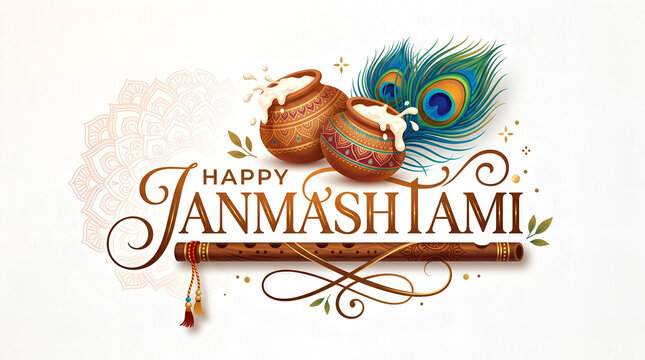 Happy Janmashtami Greeting Design with Butter Pots Flute and Peacock Feather