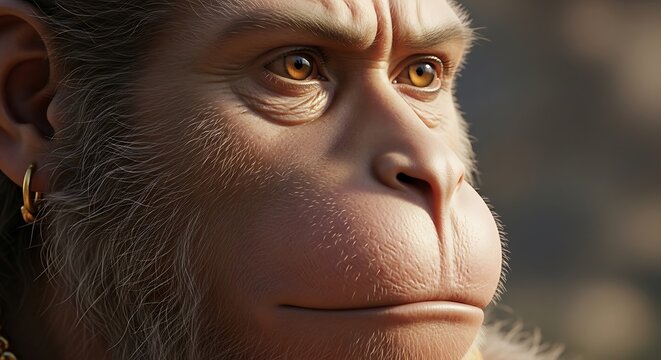 Close up portrait of an anthropomorphic ape with a golden earring