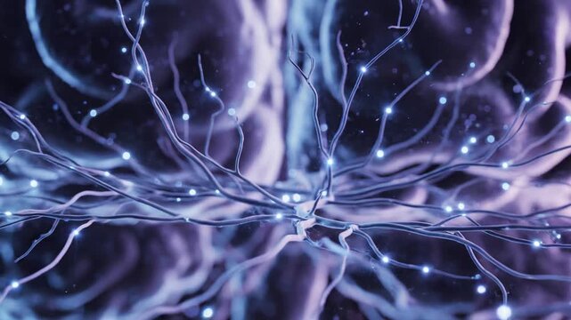 Glowing neural network connections inside digital human brain