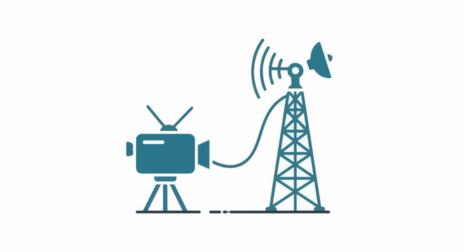 A broadcasting tower receives a signal from a camera on a tripod