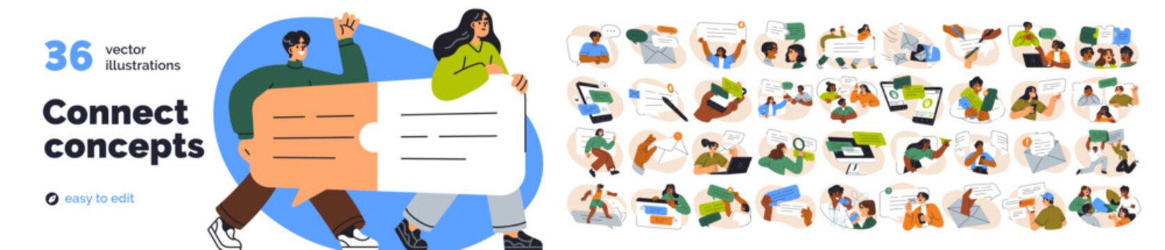 Communication, connect concepts set. Icons of people texting, sending messages, emails. Digital chat, conversation, group discussion on internet. Flat vector illustrations isolated on white background