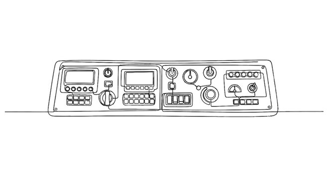 Minimalist Line Drawing of a Vintage Audio Mixing Console with Multiple Knobs and Buttons
