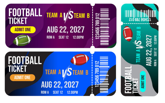 American football ticket templates, sports event tickets, customizable designs, stadium admission passes, football match tickets ticket templates set illustration mockup blanK
