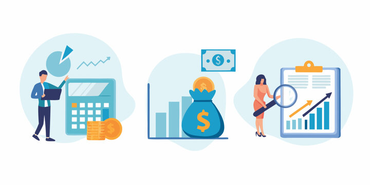 vector illustration of financial analysis money bag and accounting report with charts and graphs