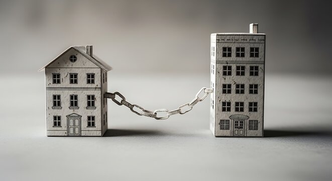 Two miniature paper buildings connected by a metal chain on grey surface