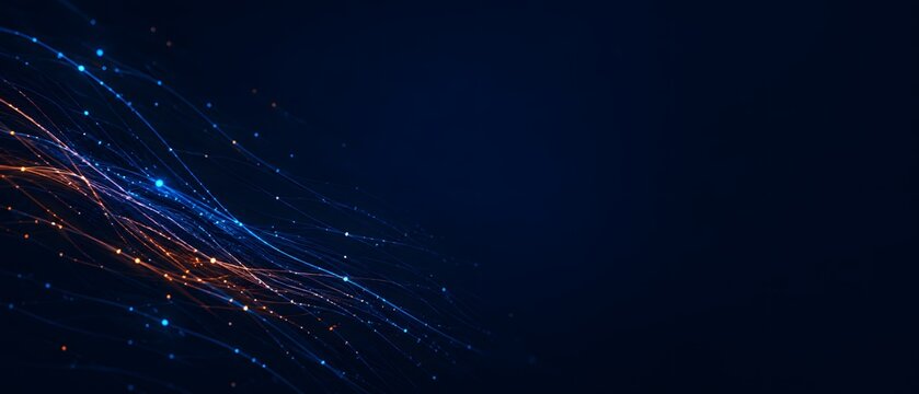 Abstract 3D artificial intelligence neural network background with glowing neon digital lines and copy space