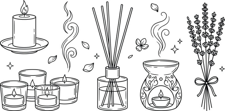 Aromatherapy home fragrance and spa wellness line art vector icons collection featuring scented candles reed diffusers lavender flowers