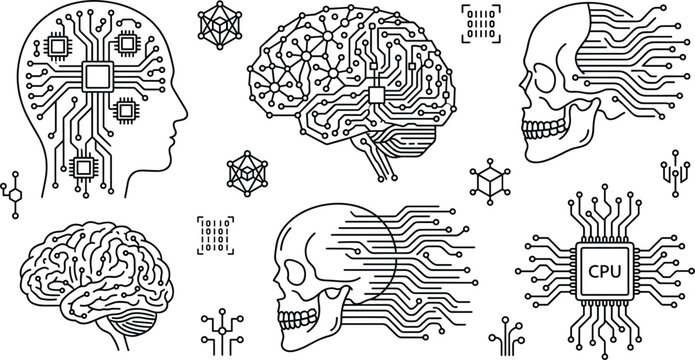 Artificial intelligence human brain and skull line art vector icons collection featuring microchips neural network cpu circuits data