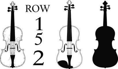 Violin and cello vector illustration set featuring decorative line art, standard drawing, and solid black silhouette isolated on white © Designer Arif