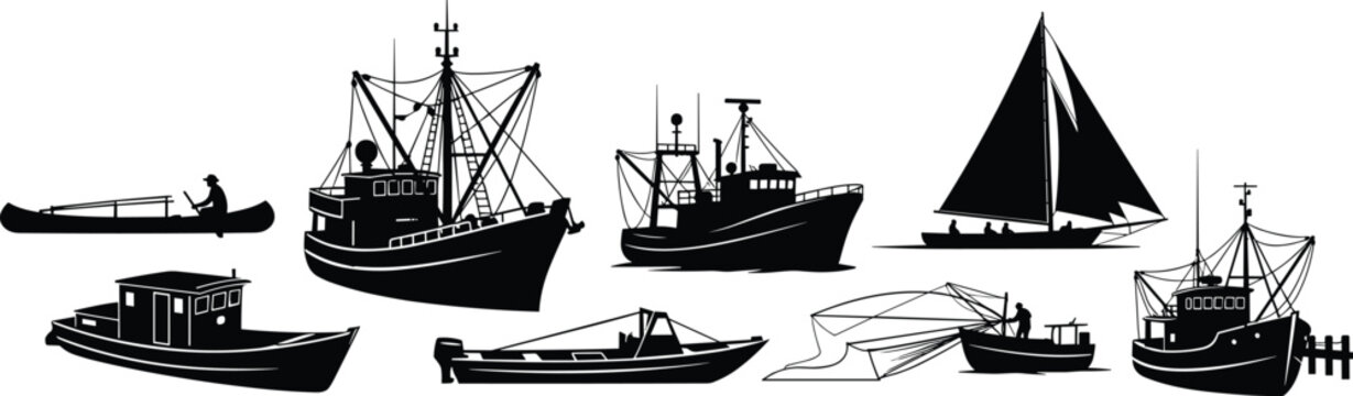 Fishing boats and watercraft silhouette vector collection featuring trawlers, sailboat, canoe, and small vessels isolated on white