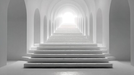 Fototapeta premium Minimalist White Architectural Staircase with Arches Leading to Bright Light