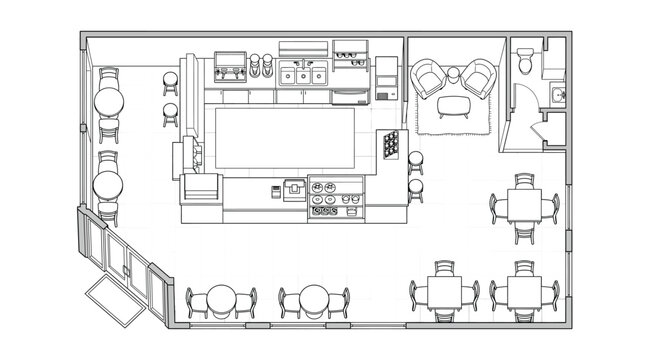 Black and white line drawing of a restaurant floor plan with tables and kitchen