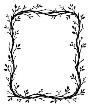 Branch frame creates a natural rectangular border composed of delicate twigs and small leaves suitable for wedding invitations or decorative graphic design projects.