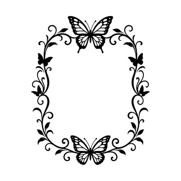 Butterfly frame consists of delicate floral vines and symmetrical winged insects arranged in a rectangular layout for nature-themed graphic designs.