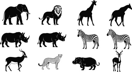 African safari wild animals silhouette collection featuring elephant, lion, giraffe, zebra, rhino, and cheetah isolated on white background © Designer Arif