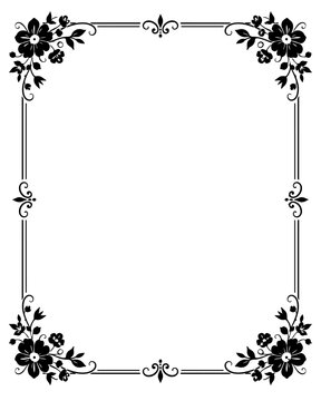 Frame decorated with floral motifs provides a classic rectangular border design for invitations, certificates, and elegant paper documents.