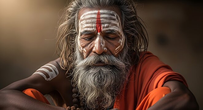 Portrait of an Indian Sadhu meditating with traditional religious markings