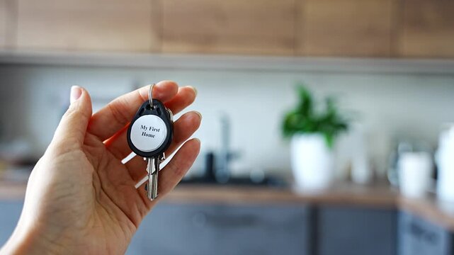 Woman holding house keys with My First Home keychain inside modern apartment interior. Property ownership and first home purchase concept for new homeowners and independent living