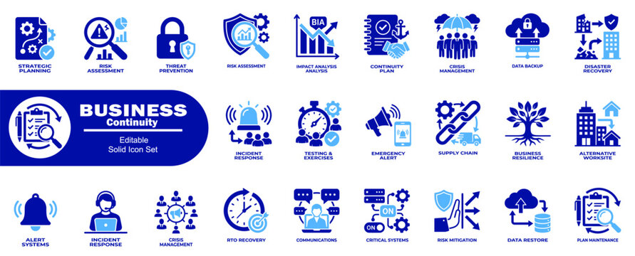 Business continuity management icons. Including risk assessment, disaster recovery, crisis response, and data backup systems vectors. 