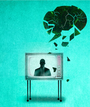 Broken speech bubble over television with journalist