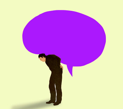 Conceptual illustration of carrying a heavy speech bubble burden
