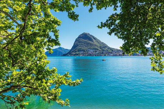 Switzerland, Ticino Canton, Lugano, View of Lake Lugano with Monte San Salvatore in background