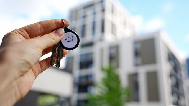 Hand holding house keys with My First Home keychain near modern apartment building. Property ownership and first real estate purchase concept