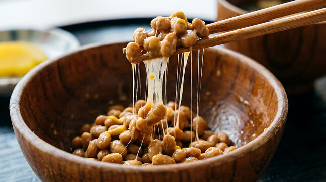 Chopsticks lifting sticky, stringy natto (fermented soybeans) from a wooden bowl