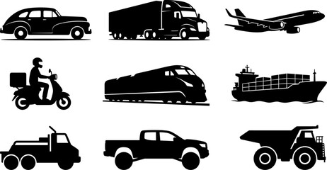 Comprehensive black silhouette transportation icon set featuring commercial logistics, delivery vehicles, airplane, train, shipping, and heavy machinery vectors © Utpal