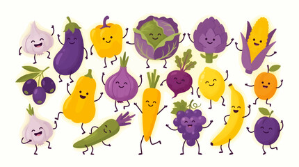 Fototapeta premium Happy Anthropomorphic Vegetables and Fruits Dancing Together, Flat Illustration Style, Colorful Characters with Smiling Faces and Arms Raised, Fun Healthy Food Concept