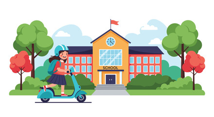 Obraz premium Happy schoolgirl wearing a safety helmet and backpack riding a blue scooter in front of a primary school building.