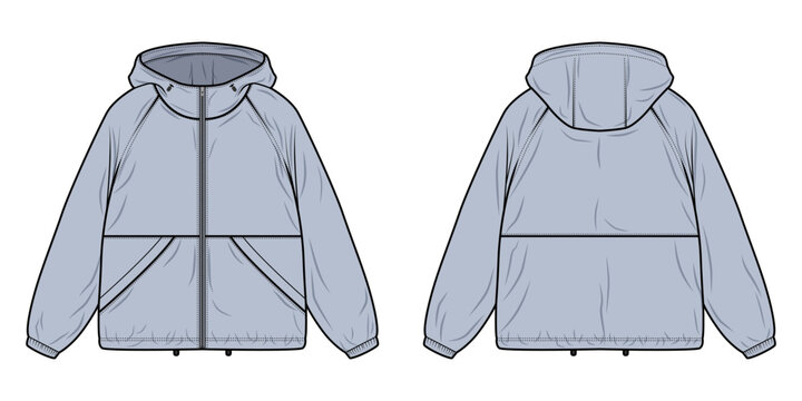 Men and Women Hooded Windbreaker Jacket Technical Flat Sketch Vector Template Front and Back View