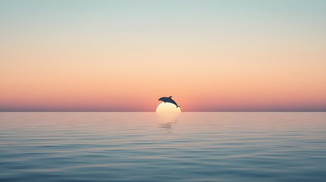 Minimalist silhouette of a dolphin jumping out of the ocean at sunset with copy space