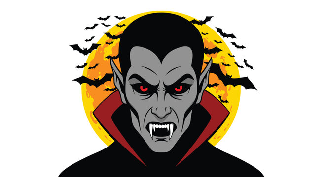 Menacing vampire head with red eyes and sharp fangs is framed by flying bats and a large glowing yellow moon.
